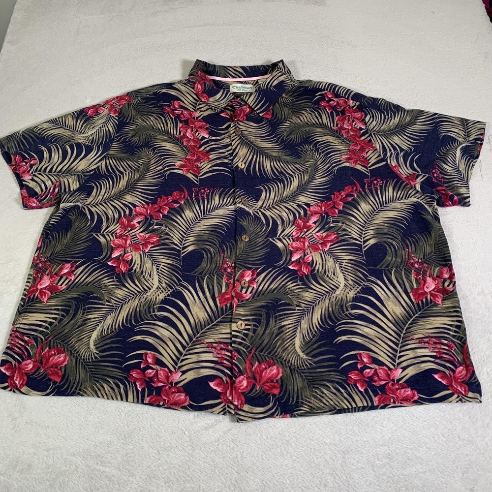 Caribbean Shirt Mens Big 3X Blue Floral Hawaiian Silk Blend Short Sleeve Aloha